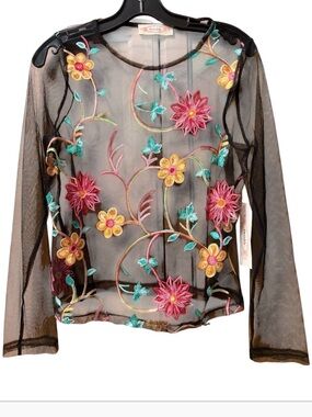 NWT Twinkle Black Mesh Pullover Long Sleeve Top Floral Embroidered sz Medium